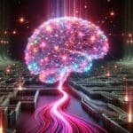 Een digitaal, gloeiend brein symboliseert Bittensor (TAO), waarin een roze lichtstraal de transactie voor het kopen met iDEAL verbeeldt